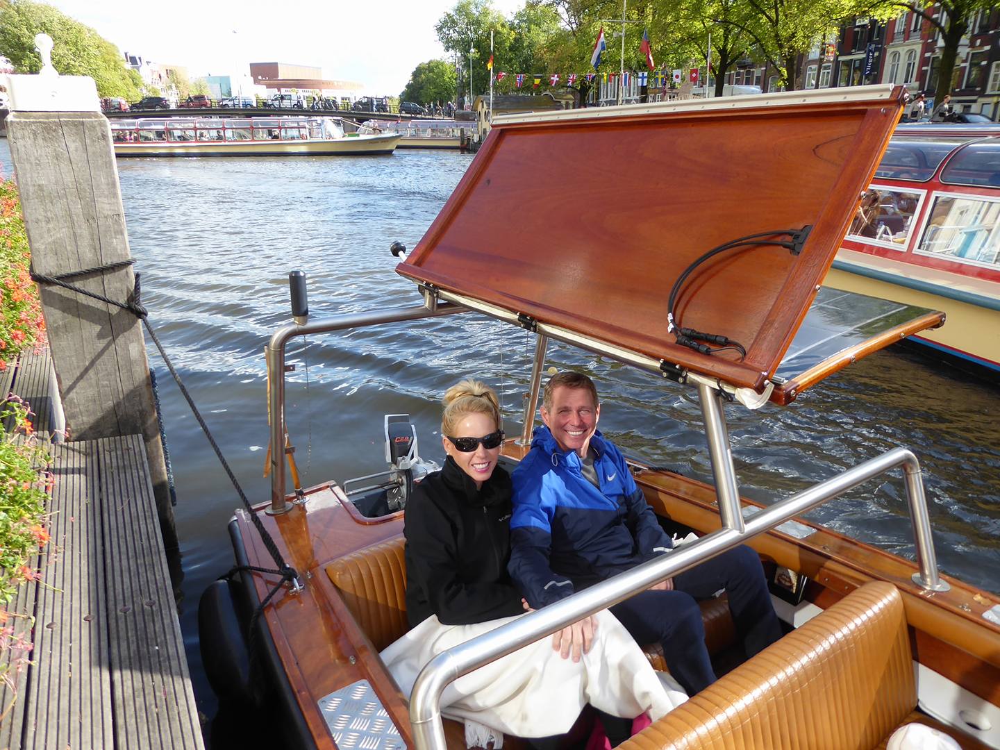 Rachelle Ginsberg riding in a boat in Amsterdam, Netherlands